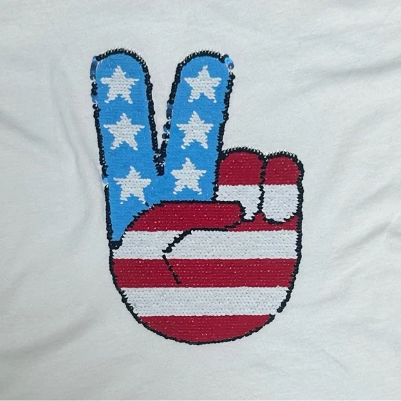 GAP Peace Sign Flag Short Sleeve Flippy Sequin Tee, Size XL, MSRP $22 - Picture 3 of 7